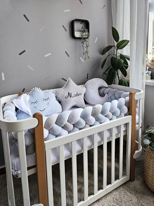Baby boy bedding crib set with braided crib bumpers. KARI studio