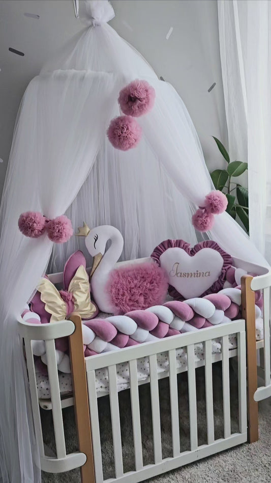 Luxury baby bedding with braided crib bumper dry rose. KARI studio
