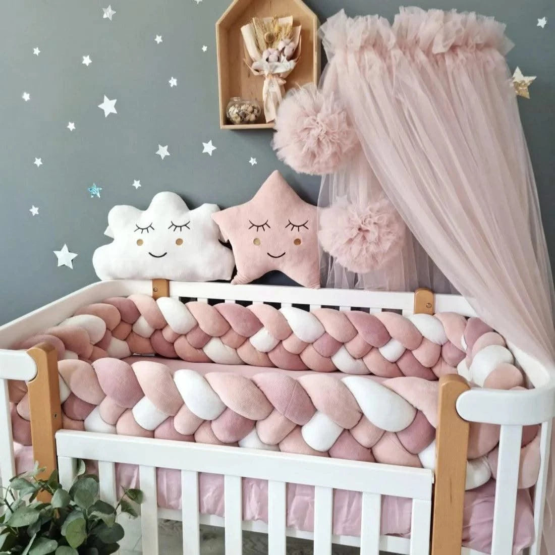 Double braided crib bumper blush shadows 20 cm