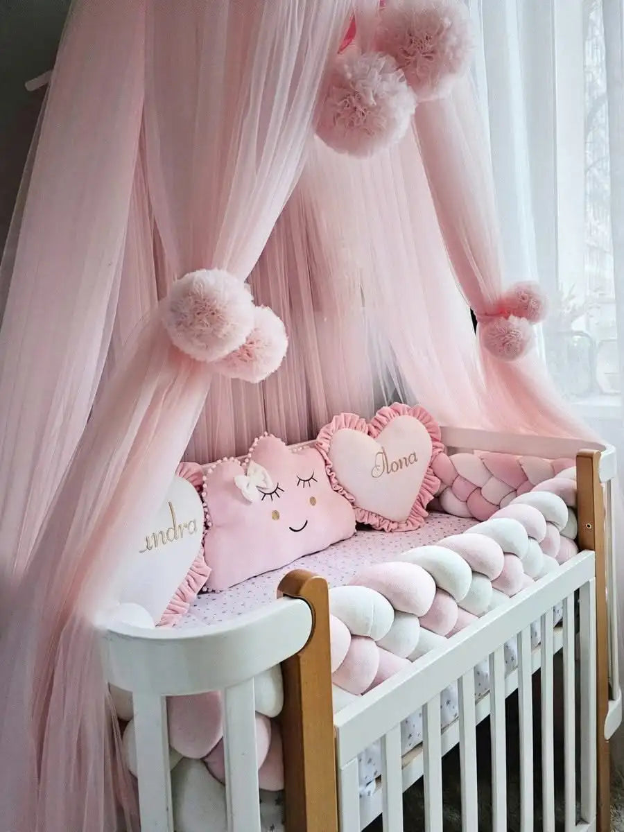 Baby girl bedding crib set. Braided crib bumper, crib canopy.