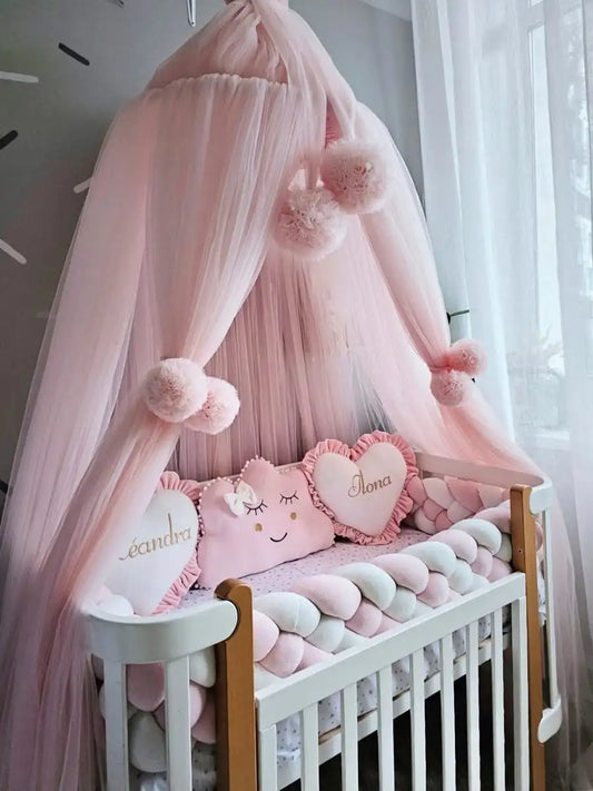 Baby girl bedding crib set. Braided crib bumper, crib canopy.