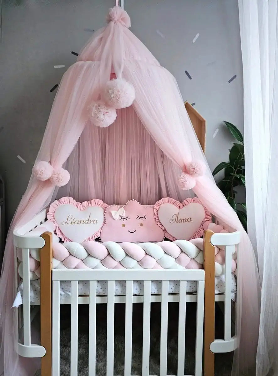 Baby girl bedding crib set. Braided crib bumper, crib canopy.