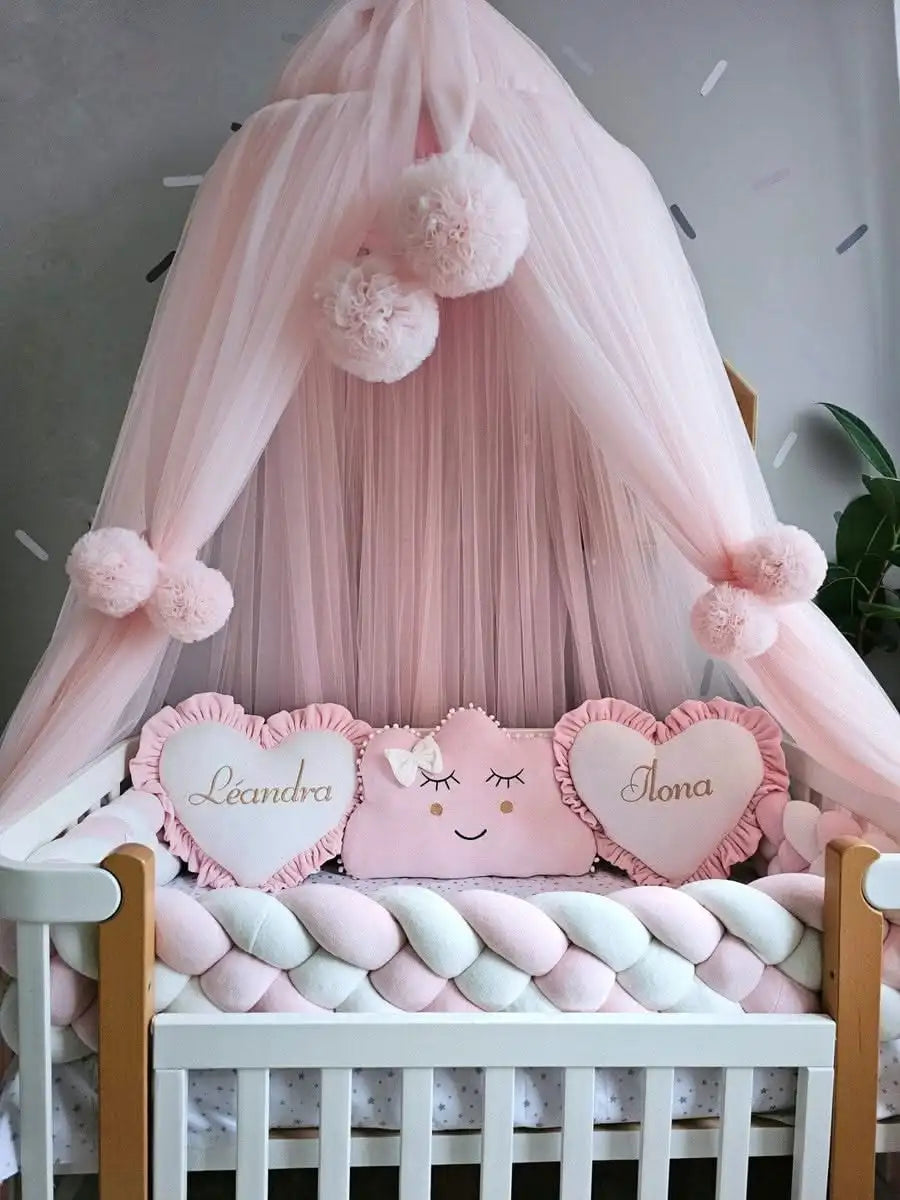 Baby girl bedding crib set. Braided crib bumper, crib canopy.