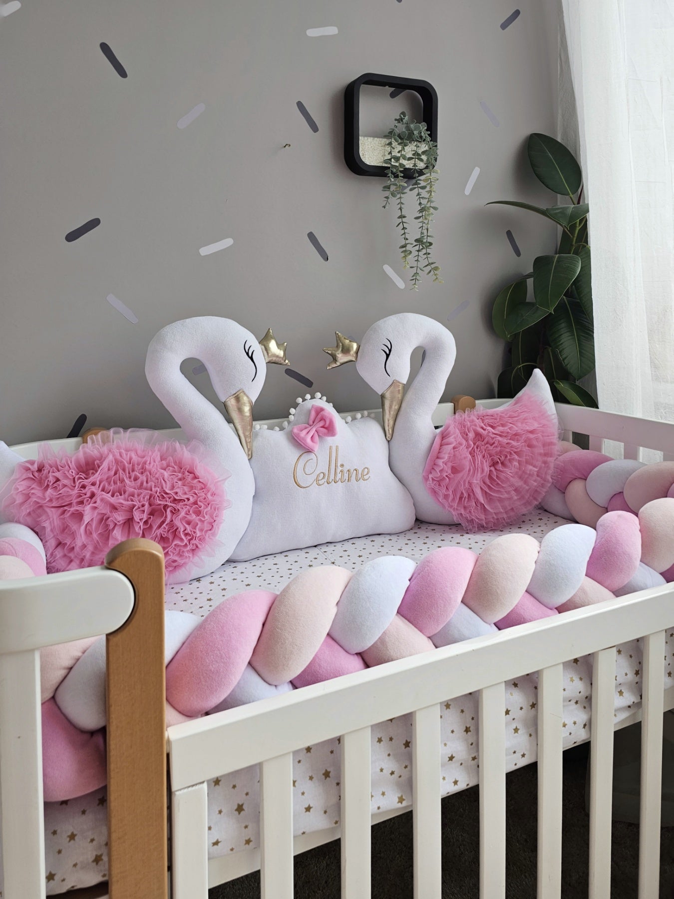 Unique pink baby crib bedding set for girl. KARI studio