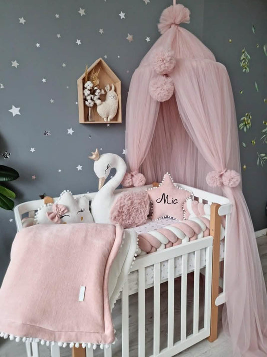 Handmade blush baby bedding set with decorative pillows