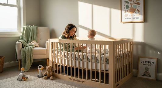 parent with baby playpen