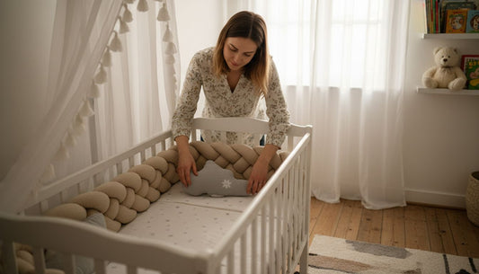 Mother arranging crib bumper in cozy nursery