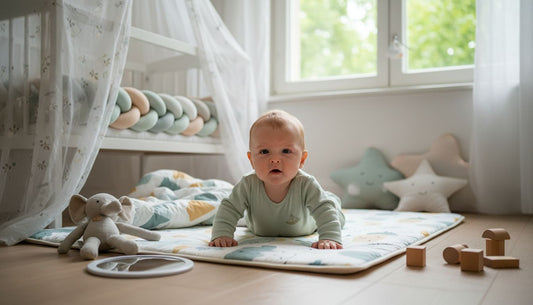 Baby on tummy time mat in nursery