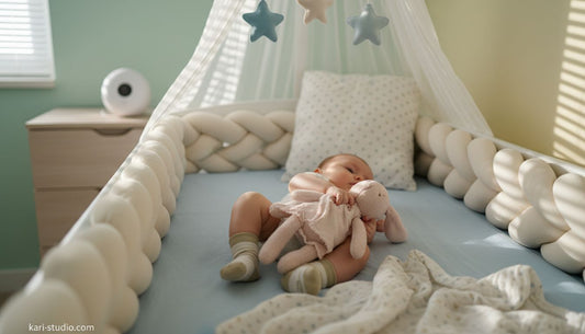Baby clutching plush bunny lovey in crib