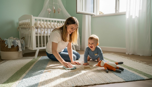 Parent cleaning washable nursery rug with baby nearby