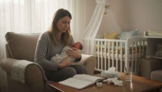 Mother comforting colicky baby at home