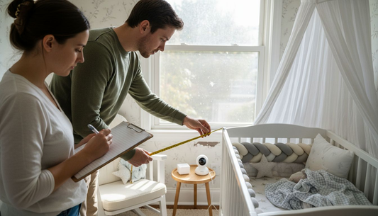 Parents measuring safe crib distance from window