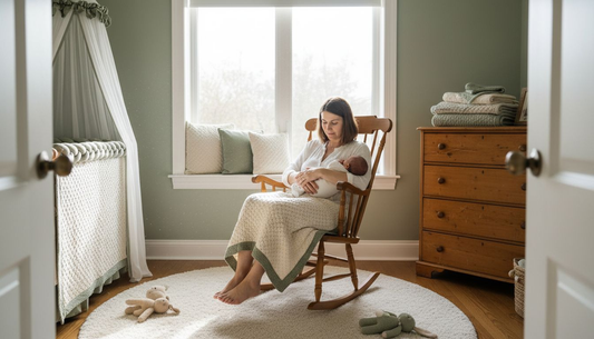 Mother rocking baby in sage green nursery