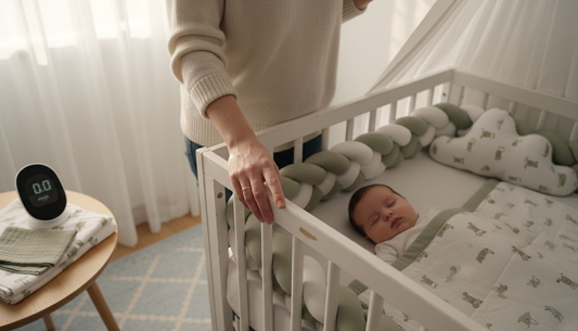 Mother touching crib rail near sleeping baby