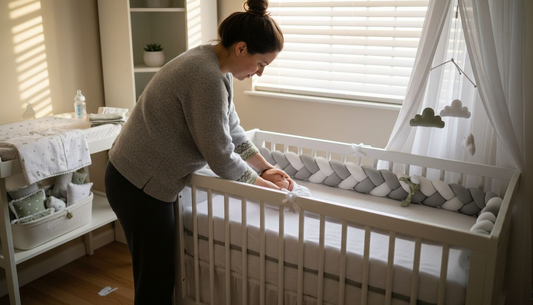 Mother placing baby into mesh crib in nursery