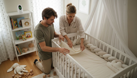 Parents setting up safe nursery crib