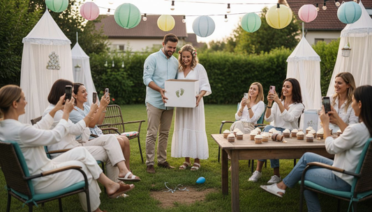 Expectant parents at festive gender reveal party
