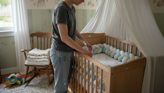 Parent adjusting crib bumper pad in nursery