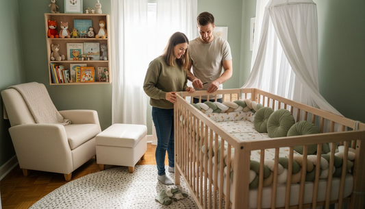 Couple setting up modern nursery with modular crib