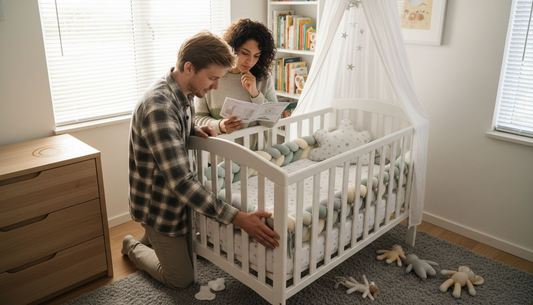 Parents checking crib adjustable side rail safety