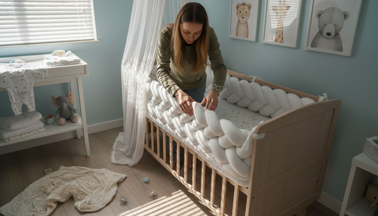 Mother adjusting crib rail cover in nursery