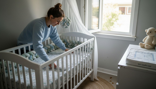 Mother dressing crib in stylish safe nursery