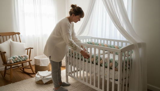 Mother preparing cozy newborn nursery