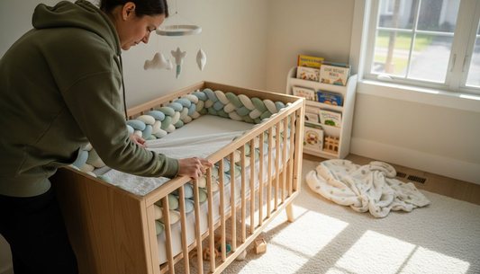 Parent arranges safe crib in sunlit nursery