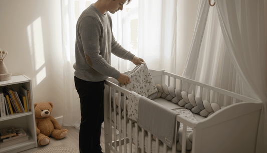 Parent arranging bedding in vintage crib with bumpers