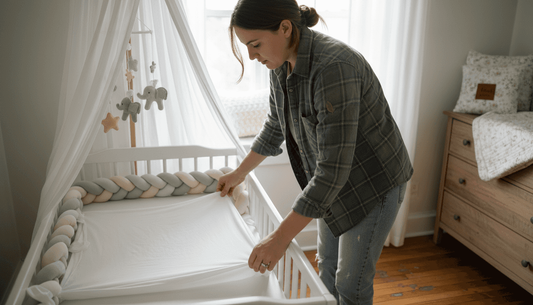 Parent arranging crib bedding in pastel nursery