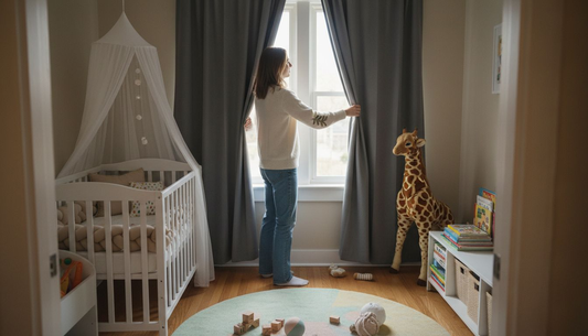 Parent adjusting blackout curtains in nursery