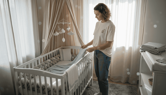 Mother folding clean baby bedding in nursery