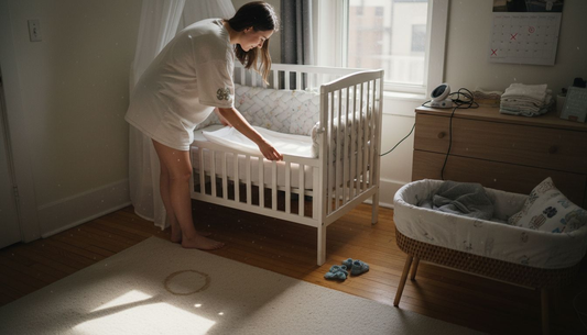 Mother prepping crib and bassinet bedding