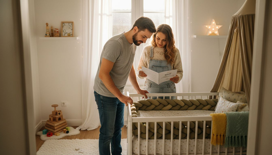 Parents examining breathable crib bumper nursery