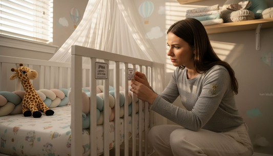 Mother inspecting crib safety certification label