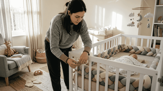 Mother adjusting braided cot bumper in nursery