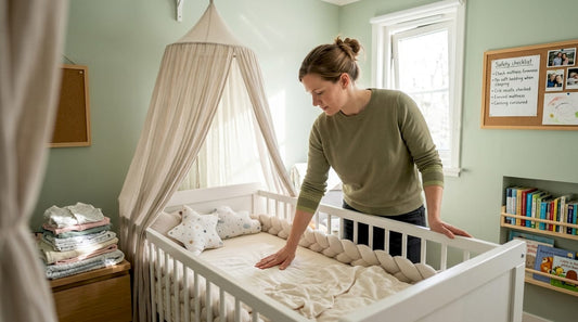 Parent checking crib mattress firmness in nursery
