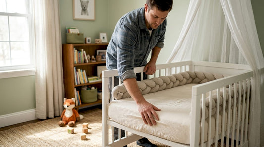 Parent arranging organic crib sheet in nursery