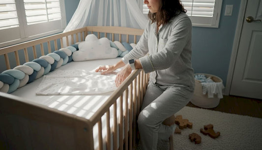Parent examines baby’s crib sheet in nursery