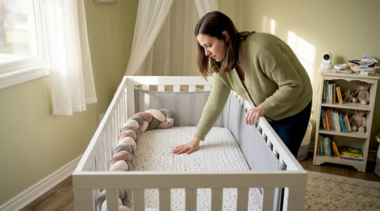 Parent checking mesh crib bumper in nursery
