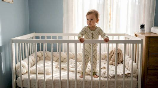 Toddler standing in crib in nursery