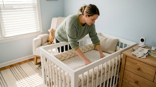 Parent arranging crib in safe nursery corner