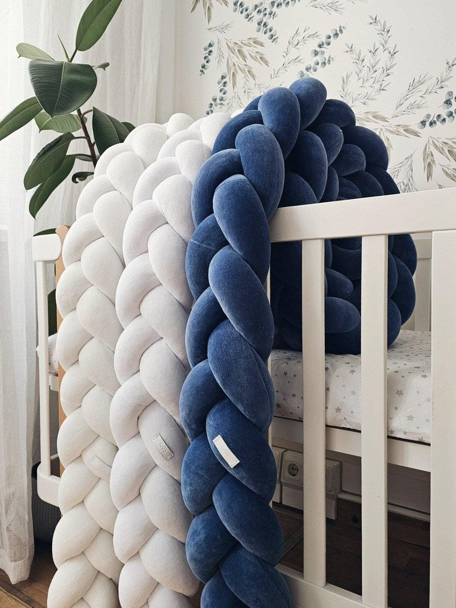 Boy braided crib bumpers handmade safe baby bedding blue colors