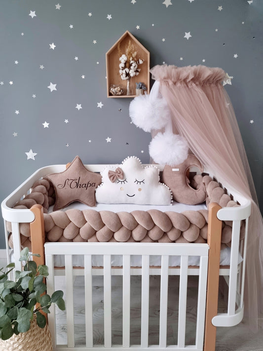 Gender neutral baby crib bedding set with crib paddind cappuccino. KARI studio