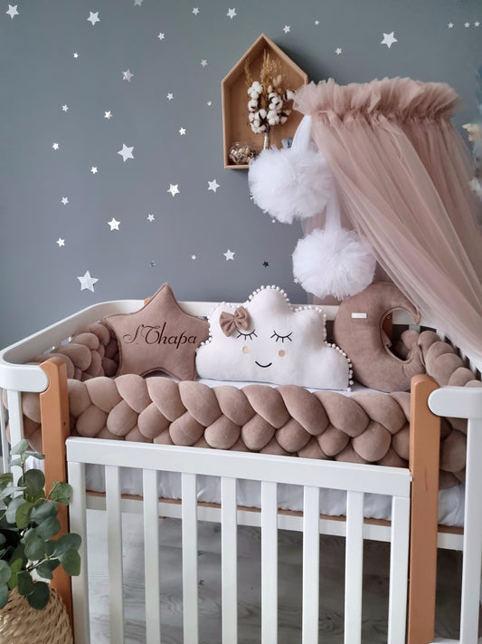 Gender neutral baby crib bedding set with crib paddind cappuccino. KARI studio