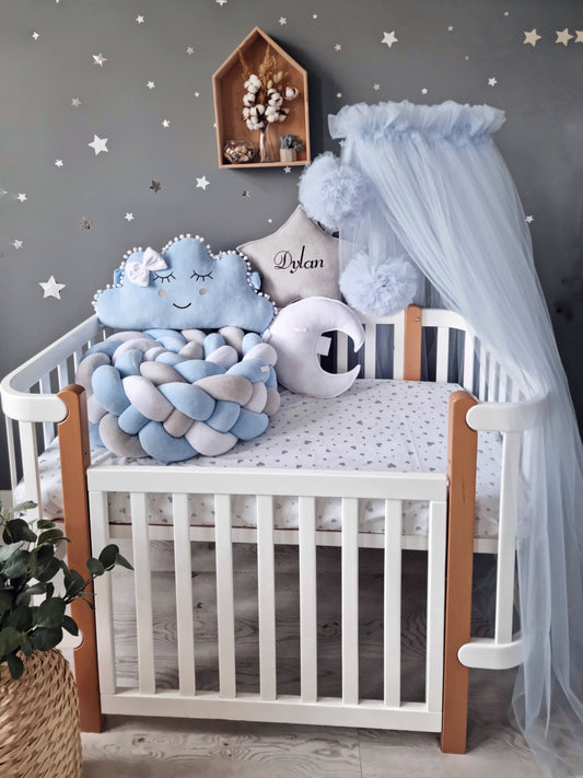 Baby boy bedding crib set with blue crib bumpers. KARI studio