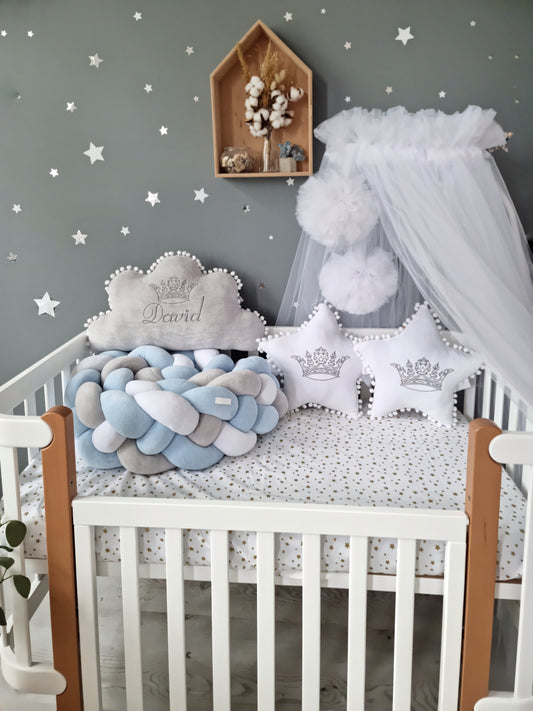 Baby boy bedding set with crib padding: blue, light gray, white. KARI studio