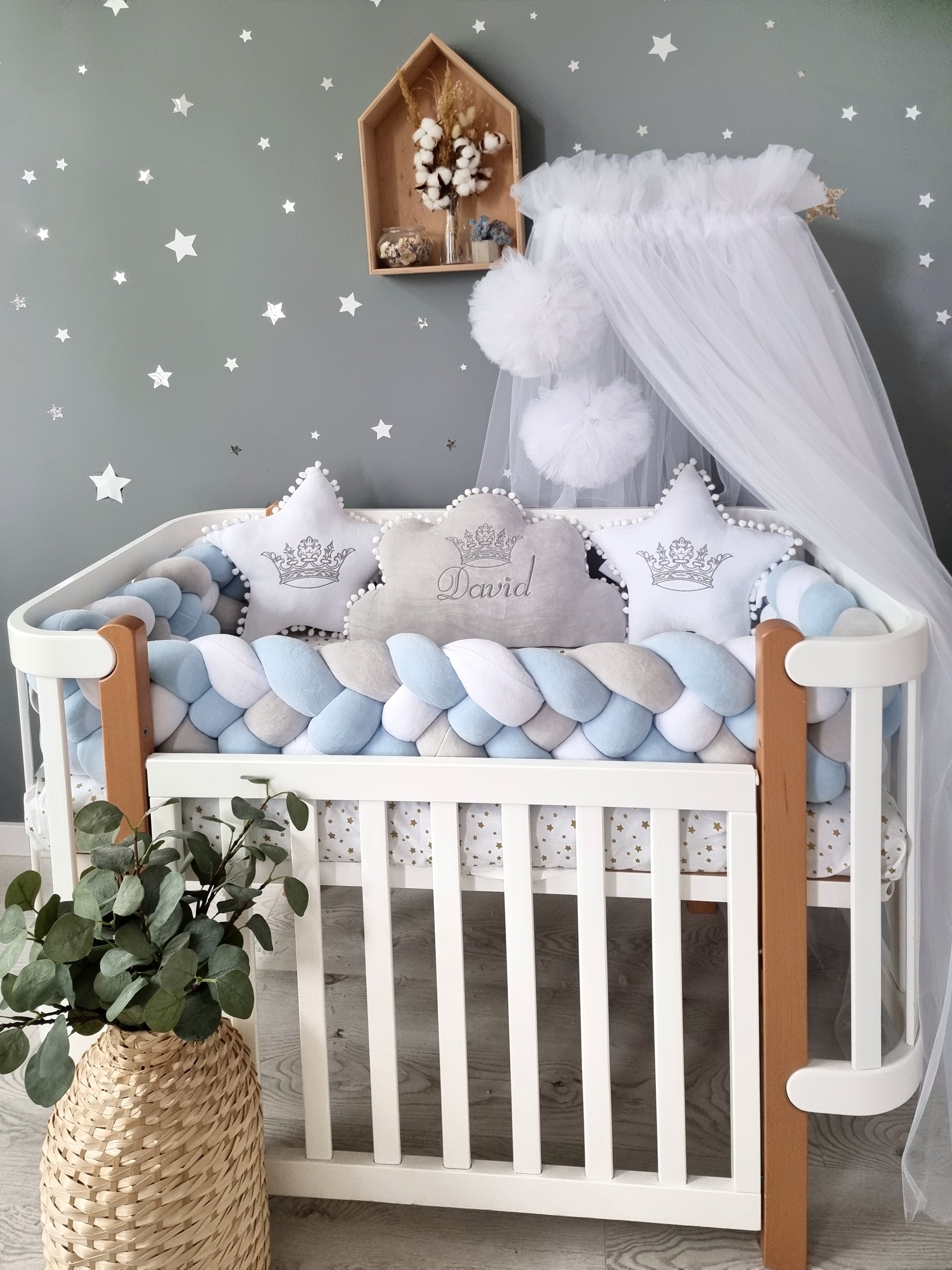 Baby boy bedding set with crib padding: blue, light gray, white. KARI studio