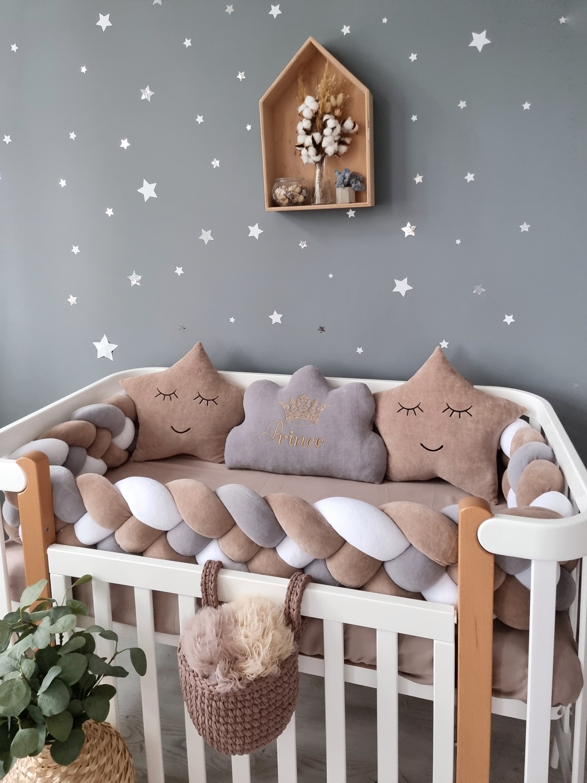 Baby bedding set with crib padding: cappuccino, gray, white. KARI studio