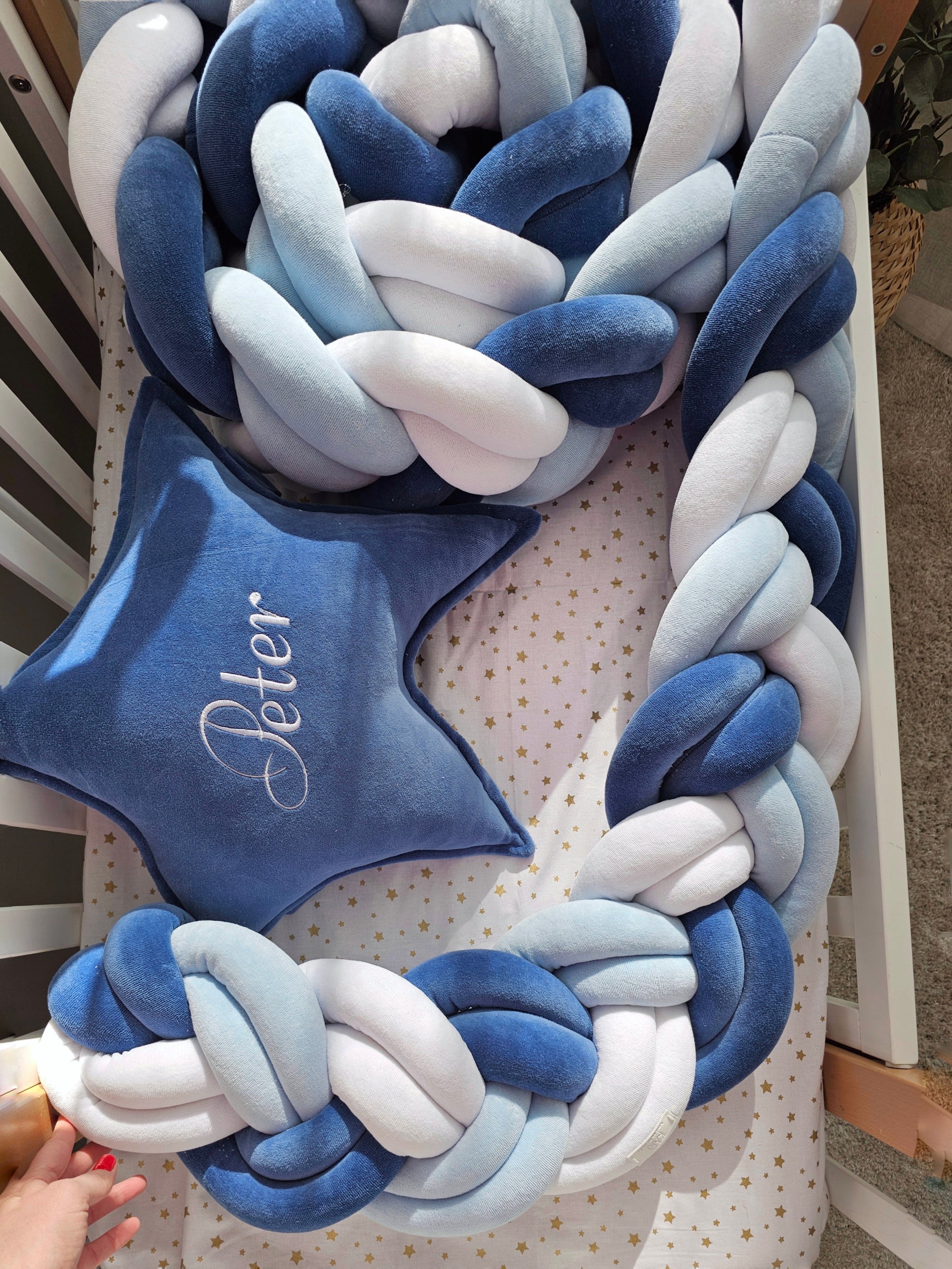 Braided crib bumper navi, blue, white. KARI studio